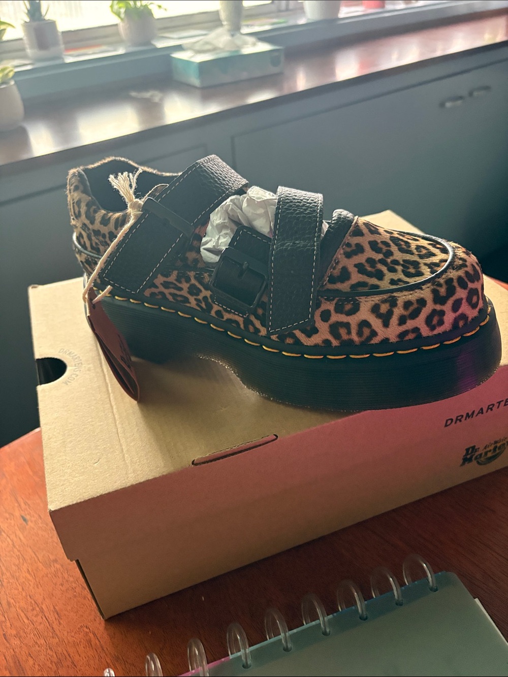 Dr Marten Mary Jane Leopard Print Platform Shoe with Black Straps size US